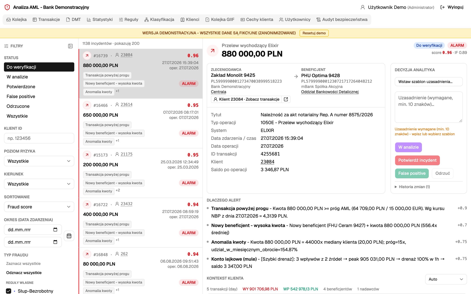 Analizer AML: kolejka alertów monitoringu transakcji w banku
